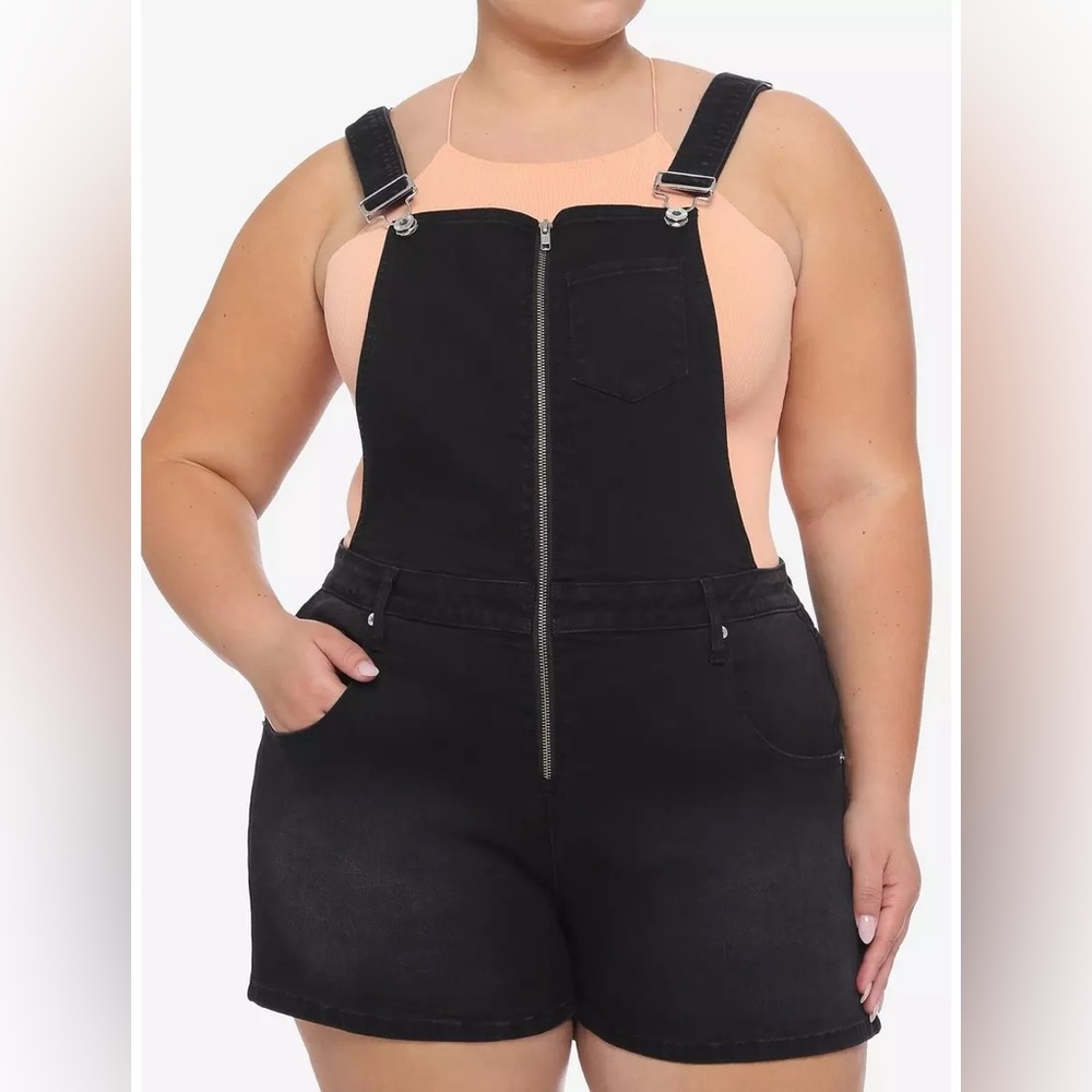 Black Zipper Front Shortalls Plus Size